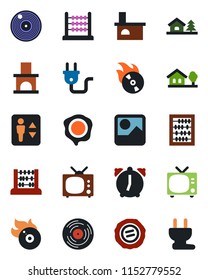 Color and black flat icon set - elevator vector, tv, abacus, stamp, fireplace, vinyl, flame disk, gallery, alarm, house with tree, power plug