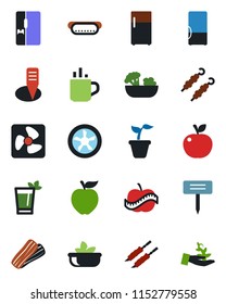 Color and black flat icon set - hot cup vector, seedling, plant label, diet, fridge, phyto bar, salad, bacon, kebab, dog, apple fruit, fan, palm sproute