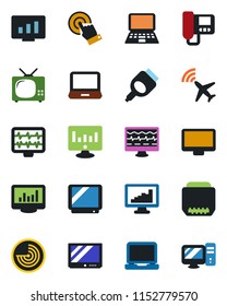 Color and black flat icon set - plane radar vector, notebook pc, statistic monitor, pulse, tv, touch screen, laptop, hdmi, statistics, intercome