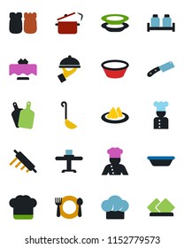 Color and black flat icon set - cook vector, restaurant table, serviette, cafe, hat, plates, waiter, salt and pepper, ladle, bowl, rolling pin, cutting board, knife, steaming pan