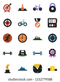 Color and black flat icon set - pedestal vector, medal, barbell, bike, run, heavy, clock, stopwatch, target, mountains