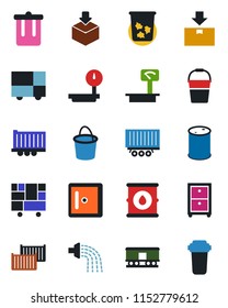 Color and black flat icon set - trash bin vector, checkroom, bucket, watering, truck trailer, cargo container, consolidated, package, oil barrel, heavy scales, railroad, archive box, water filter