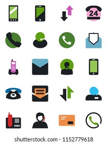 Color and black flat icon set - phone vector, mobile, office, 24 hours, support, cell, radio, mail, call, data exchange