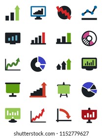 Color and black flat icon set - growth statistic vector, presentation board, crisis graph, monitor, circle chart, statistics, bar, pie, point, arrow up
