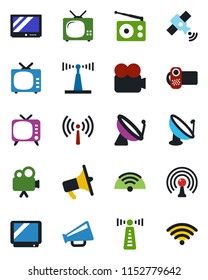 Color and black flat icon set - antenna vector, satellite, radio, loudspeaker, tv, video camera, wireless