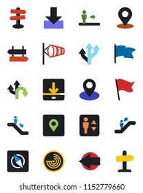 Color and black flat icon set - elevator vector, escalator, signpost, left arrow, wind, radar, route, pin, download, place tag, compass, flag, guidepost