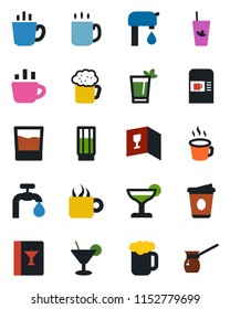 Color and black flat icon set - coffee machine vector, water supply, wine card, drink, cocktail, phyto bar, beer, turkish
