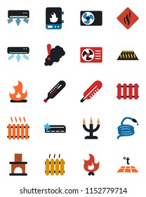 Color and black flat icon set - fire vector, hose, fireplace, thermometer, heater, air conditioner, candle, water, smoke detector, radiator, warm floor