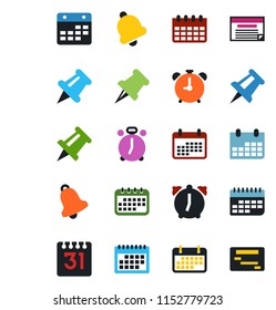 Color and black flat icon set - alarm clock vector, drawing pin, calendar, term, paper, bell, schedule
