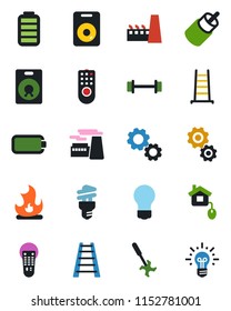 Color and black flat icon set - bulb vector, factory, ladder, fire, ripper, barbell, remote control, speaker, battery, rca, home, energy saving, gear, idea