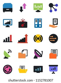 Color and black flat icon set - satellite antenna vector, bomb in case, growth statistic, office binder, document, monitor, folder, network, data exchange, statistics, bar graph, archive box