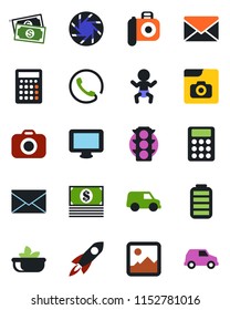 Color and black flat icon set - baby vector, mail, cash, traffic light, camera, monitor, battery, mobile, gallery, photo, calculator, phone, salad, rocket, car