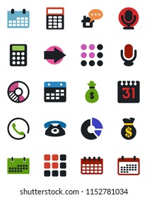 Color and black flat icon set - right arrow vector, calendar, circle chart, microphone, menu, calculator, phone, home message, money bag