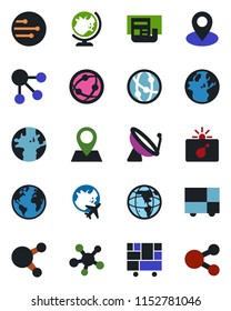 Color and black flat icon set - satellite antenna vector, bomb in case, globe, plane, earth, pin, consolidated cargo, network, share, news, social media