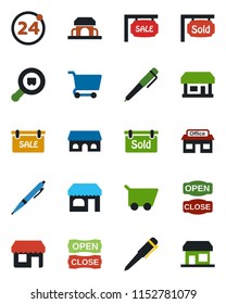 Color and black flat icon set - 24 around vector, shop, pen, store, search cargo, sale, sold signboard, cafe building, open close, cart, storefront