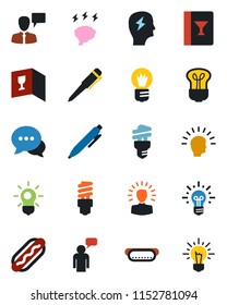 Color and black flat icon set - speaking man vector, pen, brainstorm, bulb, dialog, wine card, hot dog, energy saving, shining head, idea