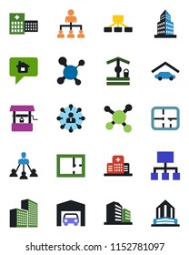 Color and black flat icon set - hierarchy vector, well, molecule, hospital, office building, garage, plan, home message