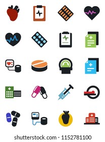 Color and black flat icon set - heart pulse vector, diagnosis, syringe, blood pressure, pills, blister, tomography, real, clipboard, hospital