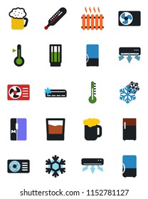 Color and black flat icon set - thermometer vector, heater, air conditioner, fridge, drink, beer, snowflake