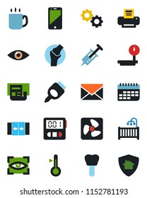 Color and black flat icon set - automatic door vector, mail, syringe, implant, eye, joint, term, heavy scales, cell phone, hdmi, stopwatch, coffee, news, printer, children room, fan, gear, scan