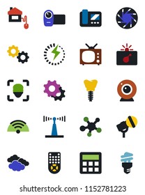 Color and black flat icon set - bomb in case vector, clouds, implant, microphone, antenna, video camera, remote control, share, mobile, settings, calculator, face id, charge, tv, wireless, home, web