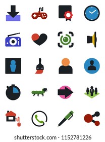 Color and black flat icon set - male vector, right arrow, caterpillar, radio, speaker, gamepad, heart, themes, user, stopwatch, download, eye id, sertificate, clock, pen, company, phone