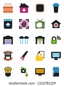 Color and black flat icon set - saw vector, house, monitor, garage, estate document, children room, sweet home, heater, tv, control, chip, fingerprint, wireless lock, water filter, washer, bulb