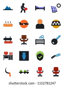 Color and black flat icon set - taxi vector, signpost, male, bed, baggage larry, plane, desk, sickle, shield, user, office chair, manager, sun panel, mountains, key, children room, bread, knife