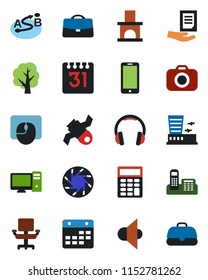 Color and black flat icon set - airport building vector, mobile phone, mouse, document, tree, fireplace, satellite, route, camera, speaker, headphones, calendar, case, calculator, office, chair, pc