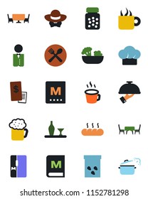 Color and black flat icon set - seeds vector, pills bottle, coffee, fridge, waiter, alcohol, cafe, cook hat, menu, beer, salad, bread, table, dress code, restaurant receipt, steaming pan