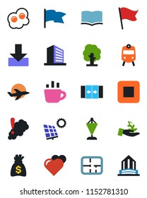 Color and black flat icon set - automatic door vector, train, office building, book, pennant, money bag, coffee, tree, heart, plane, stop button, download, sun panel, plan, omelette, smoke detector