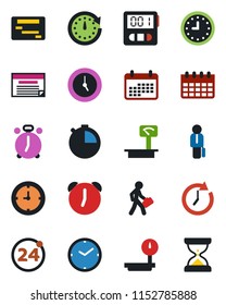 Color and black flat icon set - 24 around vector, alarm clock, calendar, heavy scales, stopwatch, manager, schedule, sand