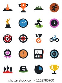 Color and black flat icon set - pedestal vector, medal, bike, run, heavy, clock, stopwatch, target, mountains, award cup
