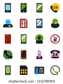 Color and black flat icon set - no mobile vector, phone, office, 24 hours, support, cell, back, call, sim