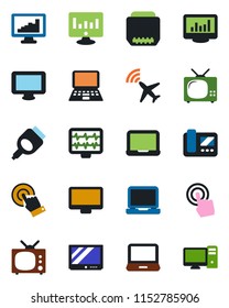 Color and black flat icon set - plane radar vector, notebook pc, statistic monitor, pulse, tv, touch screen, laptop, hdmi, statistics, intercome