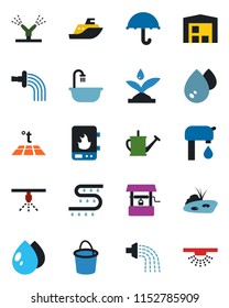 Color and black flat icon set - watering can vector, bucket, water drop, well, drip irrigation, sea shipping, umbrella, pond, supply, warehouse, bathroom, heater, warm floor, sprinkler