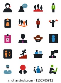 Color and black flat icon set - dispatcher vector, elevator, male, manager, pedestal, team, doctor, support, speaker, identity card, desk, meeting, career ladder, estate agent, dress code, pass
