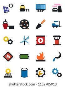 Color and black flat icon set - airport tower vector, fork loader, factory, trowel, sickle, truck trailer, sea port, flammable, oil barrel, reel, battery, root setup, sun panel, gear, windmill