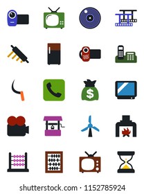 Color and black flat icon set - abacus vector, money bag, well, sickle, film frame, vinyl, tv, video camera, call, office phone, fireplace, rolling pin, fridge, windmill, sand clock