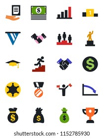 Color and black flat icon set - dispatcher vector, handshake, dollar sign, pedestal, medal, graduate, money bag, document, bar graph, career ladder, police, pennon, crisis, cash, award cup