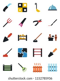 Color and black flat icon set - passport control vector, trowel, farm fork, rake, pruner, saw, hoe, garden knife, scalpel, container, rack, application, heater, dish, ladle, radiator