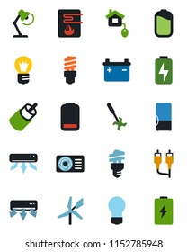 Color and black flat icon set - bulb vector, ripper, low battery, rca, charge, desk lamp, air conditioner, fridge, home control, water heater, energy saving, windmill