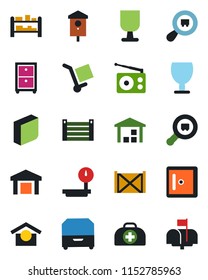 Color and black flat icon set - checkroom vector, bird house, doctor case, container, fragile, cargo, warehouse storage, heavy scales, search, rack, radio, blank box, archive, mailbox