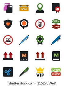 Color and black flat icon set - no mobile vector, laptop, vip, pen, stamp, heart shield, pin, up side sign, sd, cut, sertificate, sale, menu, open close
