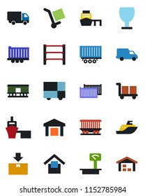 Color and black flat icon set - railroad vector, sea shipping, truck trailer, cargo container, car delivery, port, consolidated, fragile, warehouse storage, package, heavy scales, rack