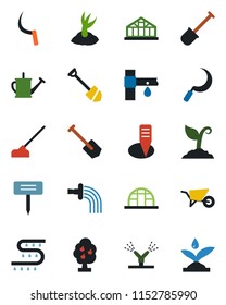 Color and black flat icon set - job vector, shovel, watering can, wheelbarrow, sproute, hoe, sickle, plant label, greenhouse, drip irrigation, fruit tree