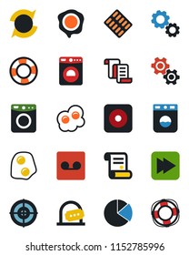 Color and black flat icon set - ticket office vector, washer, contract, stamp, pills blister, fast forward, rec button, record, update, pie graph, target, omelette, gear, crisis management