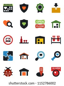 Color and black flat icon set - no laptop vector, lady bug, plant label, blood test vial, heart diagnostic, shield, medical calendar, warehouse, package, search cargo, application, sertificate