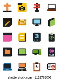 Color and black flat icon set - passport vector, notebook pc, document, pulse clipboard, signpost, monitor, laptop, folder, notes, photo gallery, blank box, sale, pass card, certificate