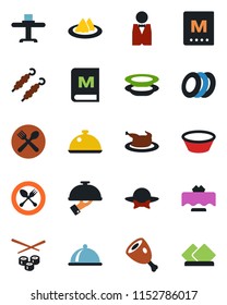 Color and black flat icon set - spoon and fork vector, waiter, dish, restaurant table, serviette, cafe, menu, plates, dress code, chicken, kebab, ham, bowl, sushi